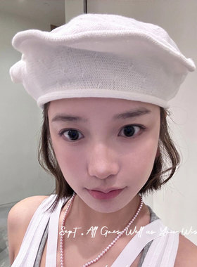 CUNCY发财宅女同款白色贝雷帽女夏针织画家帽大头围显脸小
