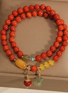 新款南红玛瑙多层手链女ins小众轻奢复古蜜蜡平安扣双圈手串闺蜜