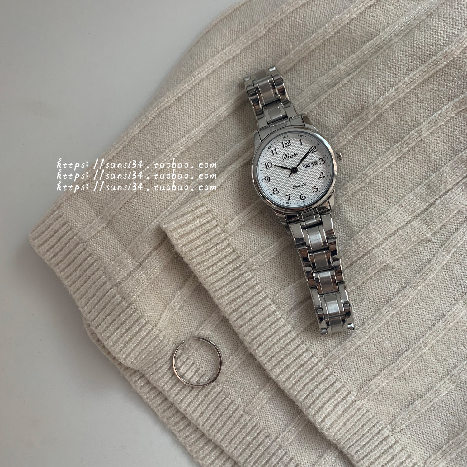 三四店 60刻度带日历星期功能石英表 复古文艺简约百搭钢带手表,淘宝优惠券,粉丝福利购,淘宝优惠卷