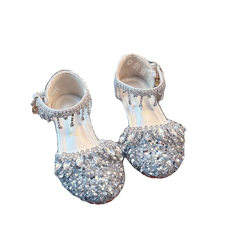 女童高跟公主鞋模特走秀演出皮鞋银色儿童礼服裙闪亮舞台水晶凉鞋,淘宝优惠券,粉丝福利购,淘宝优惠卷