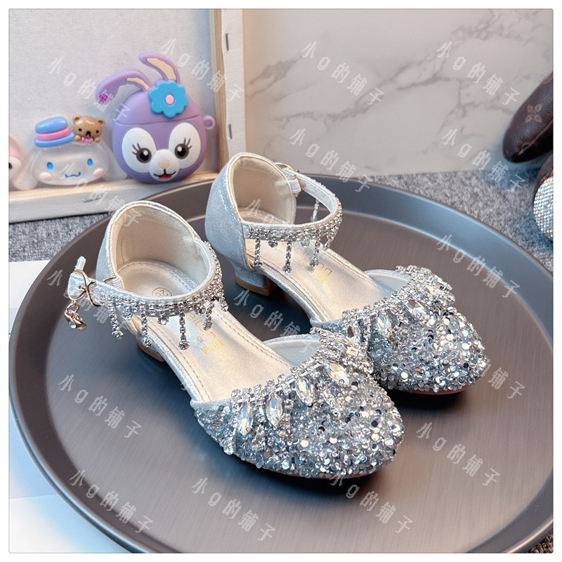 女童高跟公主鞋模特走秀演出皮鞋银色儿童礼服裙闪亮舞台水晶凉鞋,淘宝优惠券,粉丝福利购,淘宝优惠卷
