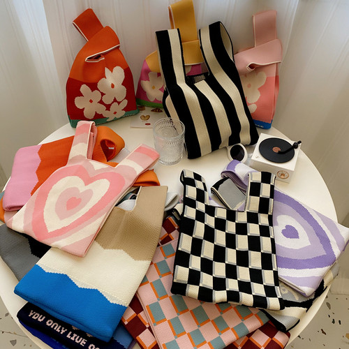 背心包马甲包潮流针织手拎包手提包包包花朵棋盘格撞色韩国ins风 - 图0