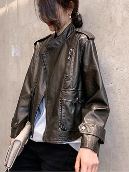 Maillard Leather Jacket ຂອງແມ່ຍິງຕົ້ນດູໃບໄມ້ລົ່ນສະຖານີເອີຣົບຄົນອັບເດດ: ຄົນອັບເດດ: ແບບສັ້ນວ່າງ Retro ເສື້ອຫນັງລົດຈັກອາເມລິກາ