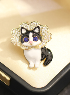 新品可爱乖巧滴油黑白奶牛猫胸针