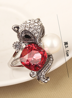 欧美大气复古水晶狐狸女韩版戒指