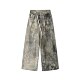 MSKIN6 niche design women's 25 early autumn new retro graffiti printed wide-leg jeans lace-up straight pants trendy