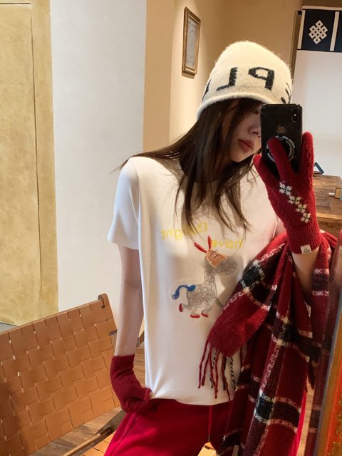 Shenzhen niche design women's 25 spring and summer new retro cartoon Year of the Horse print round neck casual short-sleeved cotton T-shirt