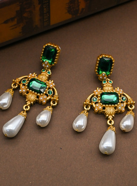 复古宫廷风绿色莱茵石镶嵌气质水滴琉璃珍珠耳钉耳坠卡脖choker链