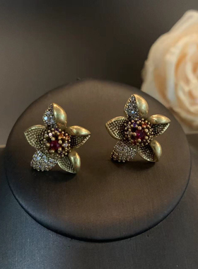 青岛花朵铜镶锆石戒指耳钉古风丁香花戒指耳饰