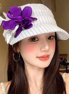 partyme手工条纹立体花朵女遮阳帽盆帽防晒帽子鸭舌帽老钱风气质