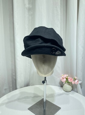 partyme手工纽扣黑色毛呢贝雷帽女秋冬保暖百搭显脸小翻檐鸭舌帽