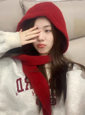圣诞新年红色帽子围脖一体秋冬系带针织帽巴拉克法毛线帽保暖护耳