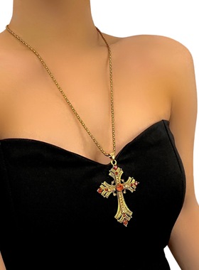 partyme手工复古镶钻项链水钻长款十字架项链毛衣链朋克项链朋克