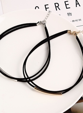 手工韩国简约黑色双层颈链锁骨链几何个性小众项链项饰女