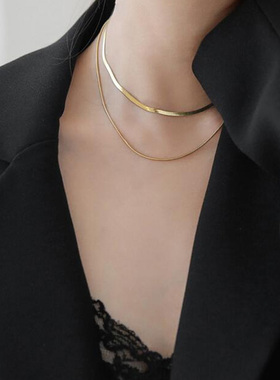 优选网红双层钛钢蛇骨链小众不易掉色金色多层项链欧美锁骨链