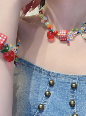 Partyme手工彩色夏季小清新苹果串珠手链小众设计手串项链多巴胺