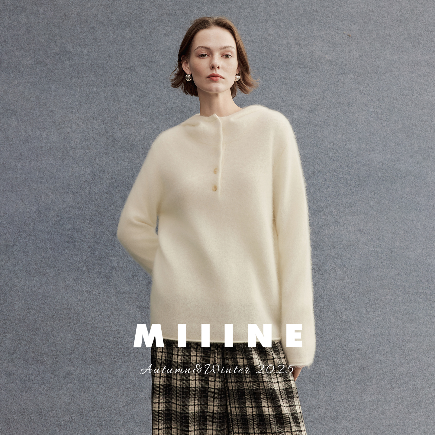 Miiine羊绒羊毛拉绒连帽毛衣 亨利领微阔版型质感连帽慵懒针织衫 - 图0