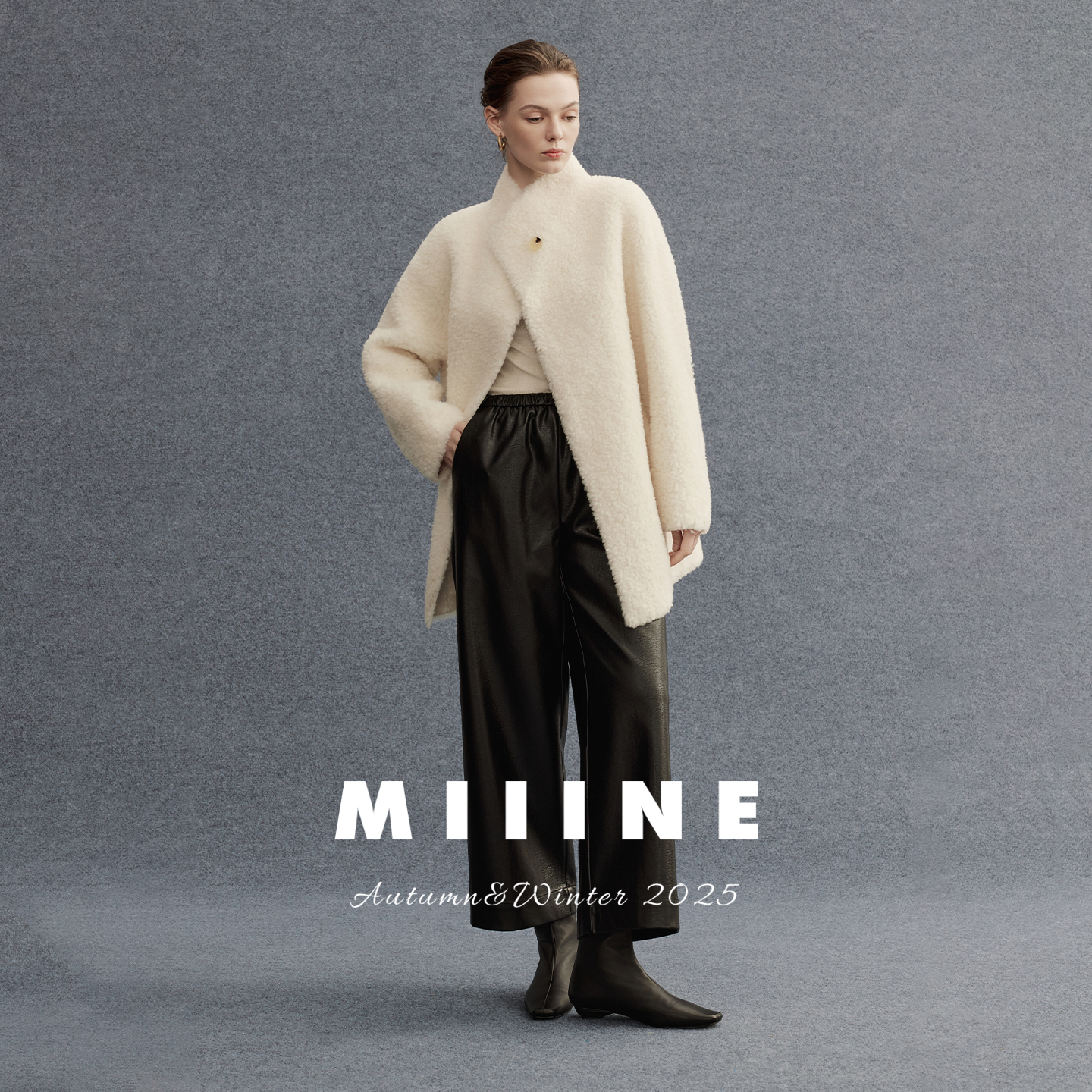 Miiine皮毛一体羊毛短大衣 立领宽松廓形静奢风秋冬日常外套女 - 图3