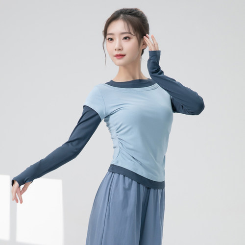 舞蹈服装女成人套指古典舞练功撞色拼接长袖假两件现代舞跳舞专用 - 图1