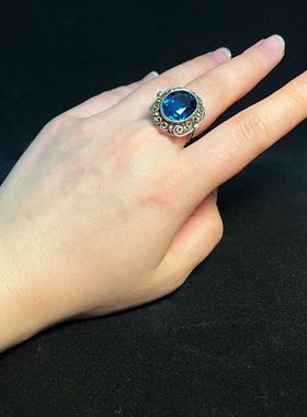 【BW古董】银托伦敦蓝托帕石古董戒指，活口戒