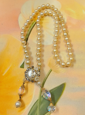 【BW中古】琉璃珍珠毛衣链，扣头也是吊坠，镶嵌了小珍珠碎钻水晶