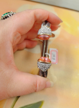 【BW中古】老银款手镯，配粉色莱茵石碎钻镶嵌，遇粉则贵哦