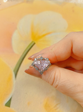 【BW宝石】紫锂辉爱心切割戒指，镶钻银底托活口