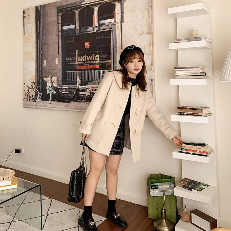 大码女装胖mm毛呢外套秋冬韩版宽松学院风牛角扣呢子大衣31342,淘宝优惠券,粉丝福利购,淘宝优惠卷