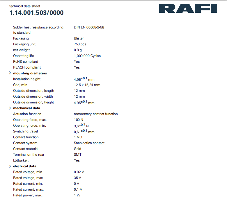 德国原装进口品牌RAFI  RACON12系列 PCB安装轻触按键 汽车电子类 - 图1