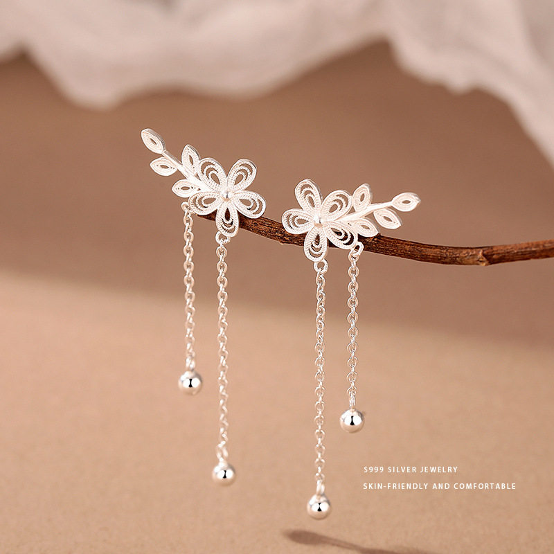 通体S999足银纯银轻奢花朵叶子流苏耳环耳坠高级感设计感气质韩版,淘宝优惠券,粉丝福利购,淘宝优惠卷