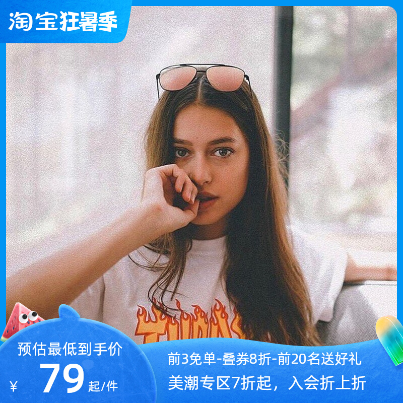 潮物Woo Thrasher Flame Logo美潮正品王一博同款火焰情侣短袖T恤