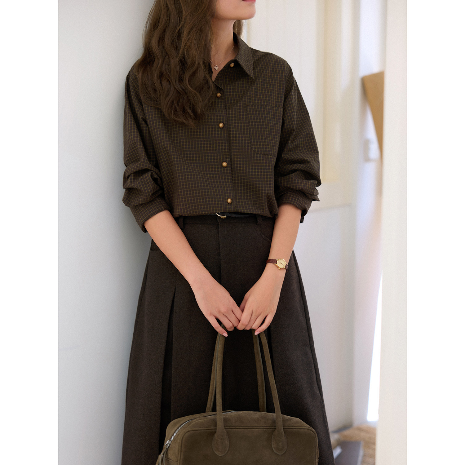 「MISAZ」嘿嘿好巧！巧克力色格纹衬衫 秋冬棕色系格子翻领衬衣