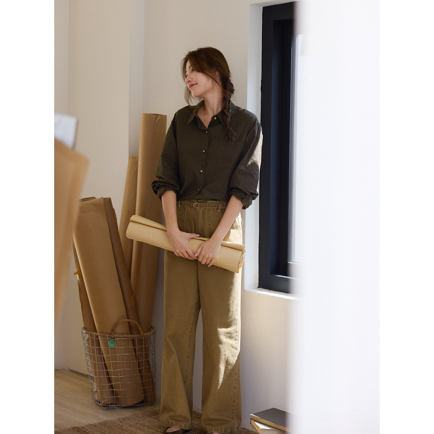 「MISAZ」嘿嘿好巧！巧克力色格纹衬衫 秋冬棕色系格子翻领衬衣