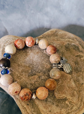 设计款珊瑚玉+蓝色老琉璃手串耳环一套孤品不做同款