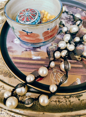 vintage二手老货珠子与黑纱结合设计的项链