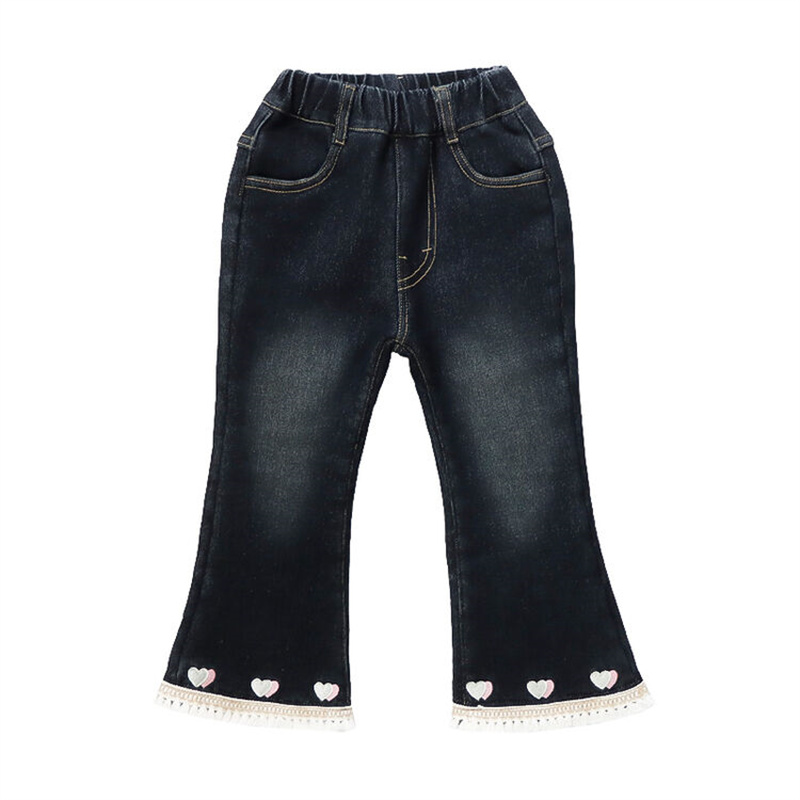 女童牛仔裤冬季加厚喇叭裤宝宝洋气时髦刺绣爱心长裤保暖加绒裤子 - 图3