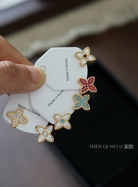 AB款925银针耳钉蓝松红锆贝母