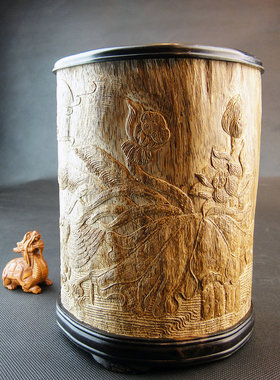 印尼沉香木工艺品笔筒摆件 精细薄雕旭日白鹭雕件 艺术品文玩精品