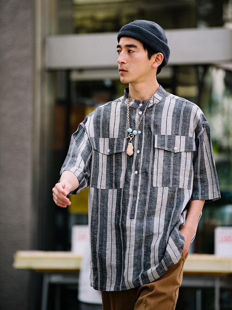 CITYDIVE Linen Stand Collar Shirt 亚麻复古立领格子短袖衬衫 - 图2