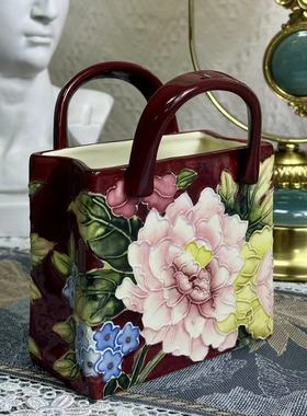 出口陶瓷釉下彩手绘牡丹提篮花瓶客厅摆件家居创意礼品收藏送礼