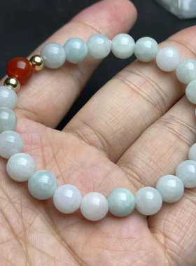 A货翡翠圆珠搭玛瑙简约款糯种单圈手串缅甸天然玉石手链【微瑕】