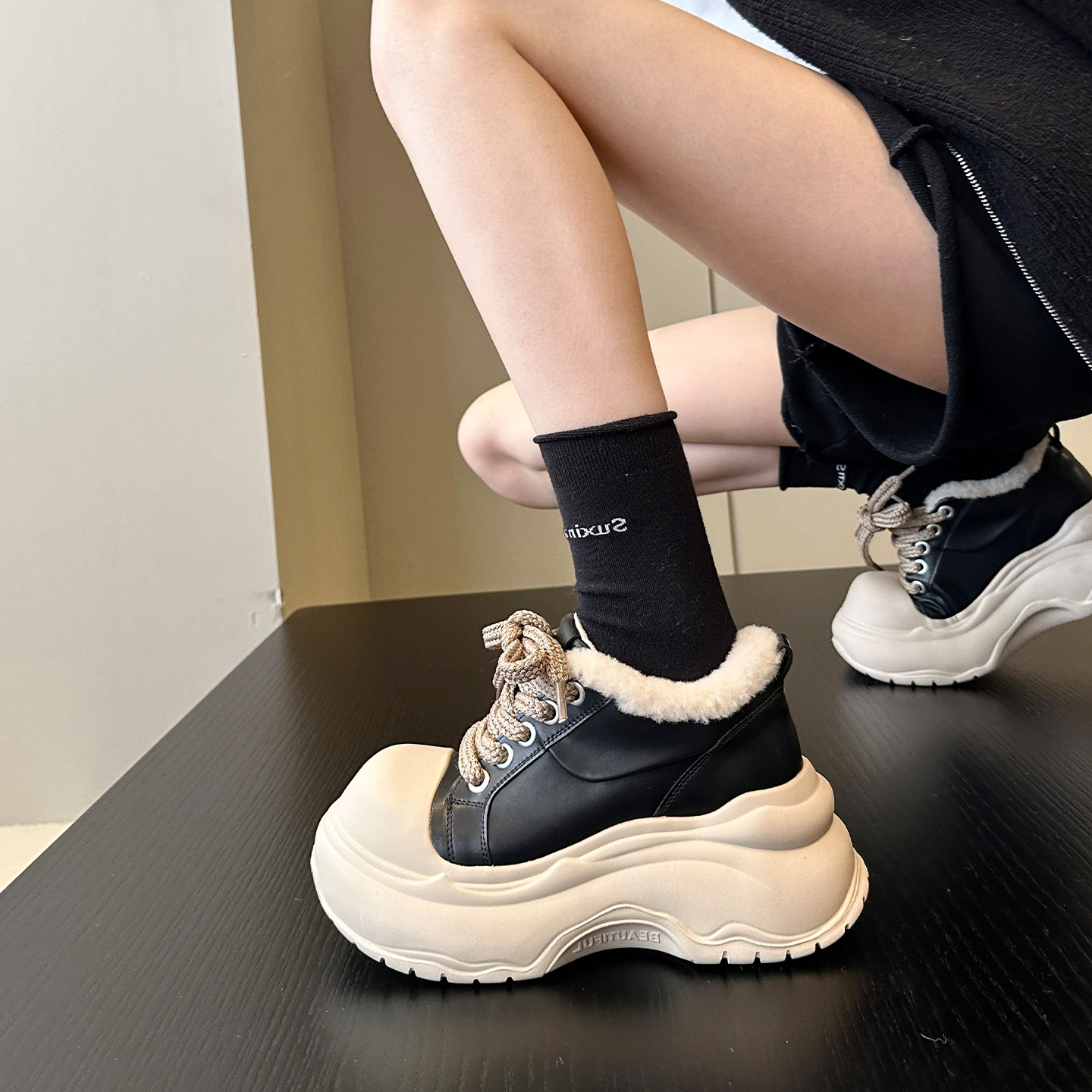 冬季加绒毛毛鞋日系甜酷真皮配阔腿裤厚底大头老爹鞋女鞋板鞋棉鞋,淘宝优惠券,粉丝福利购,淘宝优惠卷