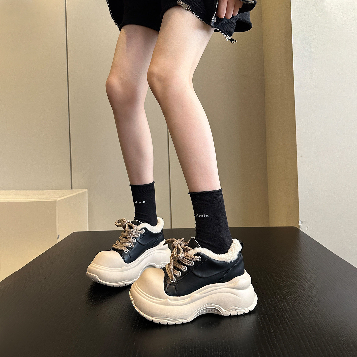 冬季加绒毛毛鞋日系甜酷真皮配阔腿裤厚底大头老爹鞋女鞋板鞋棉鞋,淘宝优惠券,粉丝福利购,淘宝优惠卷