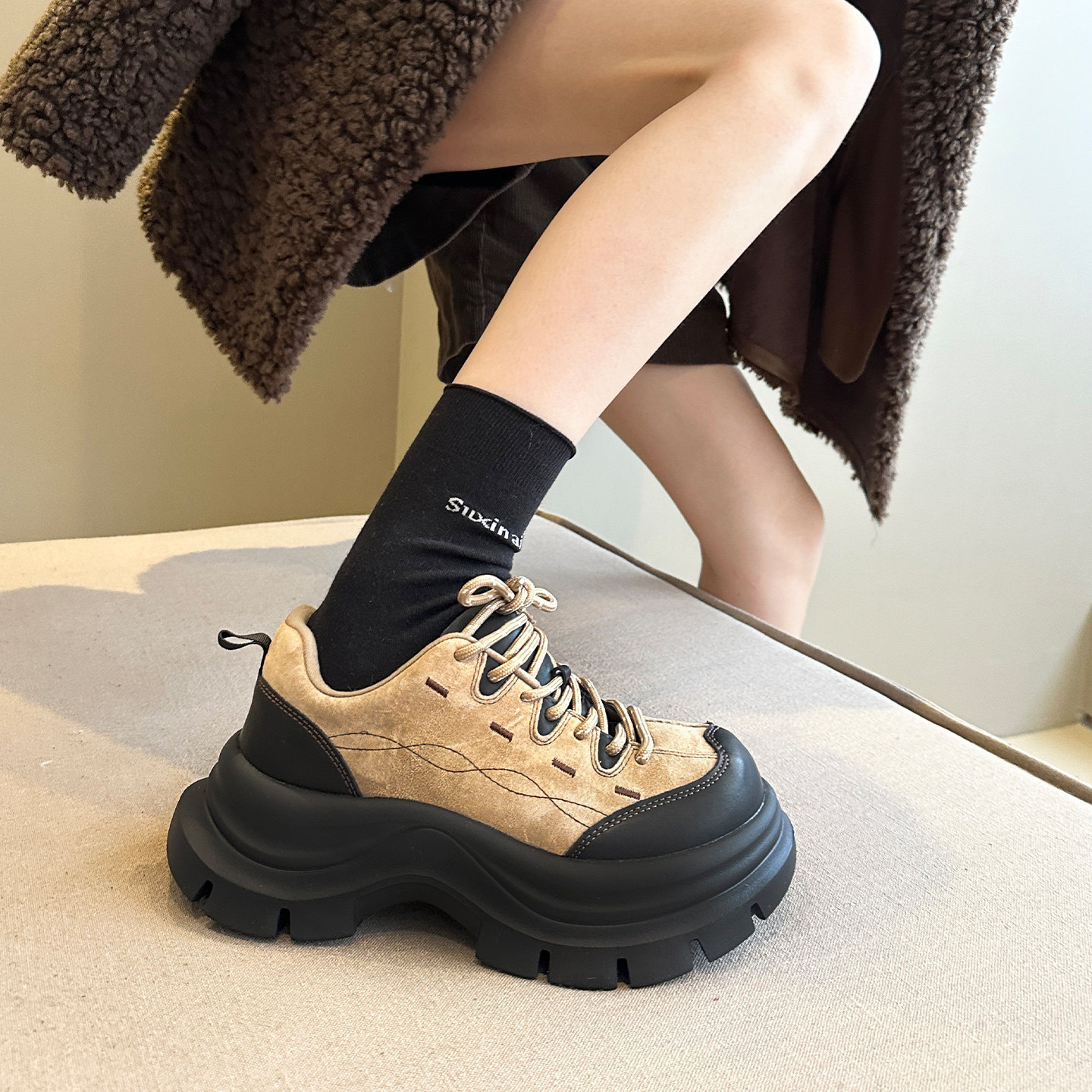 东大门流行+韩货牛皮配阔腿裤增高登山户外厚底老爹鞋女鞋运动鞋,淘宝优惠券,粉丝福利购,淘宝优惠卷