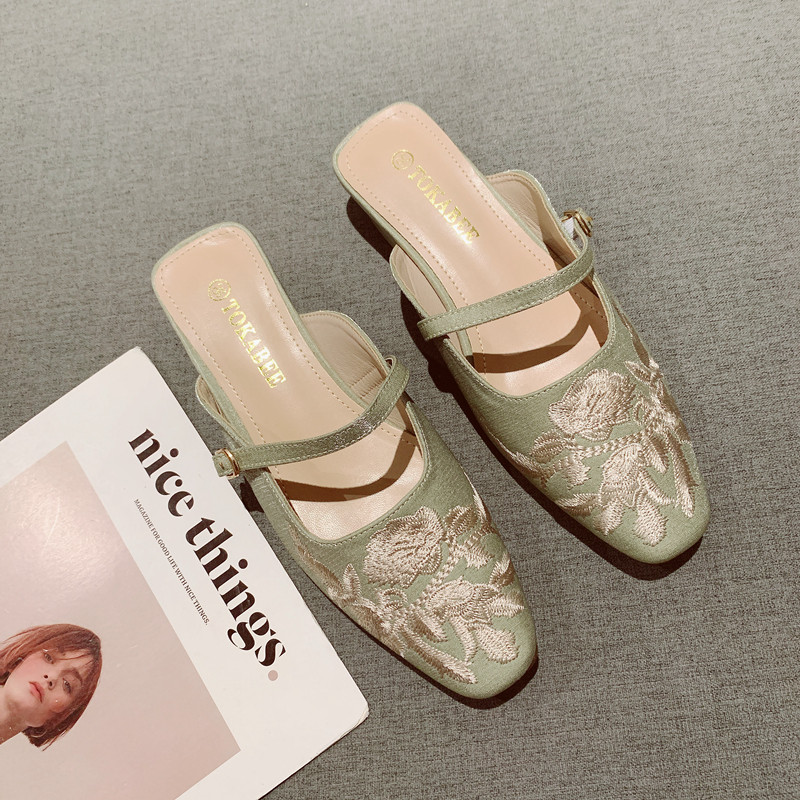 新中式国风包头半拖鞋女外穿2025年夏季新款刺绣布面中跟休闲凉拖,淘宝优惠券,粉丝福利购,淘宝优惠卷