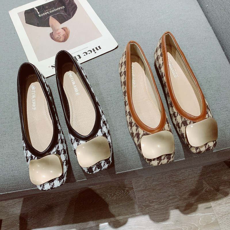 格子布面复古方头低跟工作瓢鞋女2025年新款金属扣一脚套软底单鞋,淘宝优惠券,粉丝福利购,淘宝优惠卷