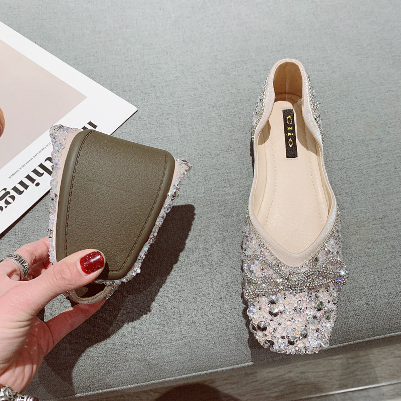 仙女风水钻蝴蝶结软底豆豆鞋女2025年新款水钻面浅口方头平底单鞋,淘宝优惠券,粉丝福利购,淘宝优惠卷