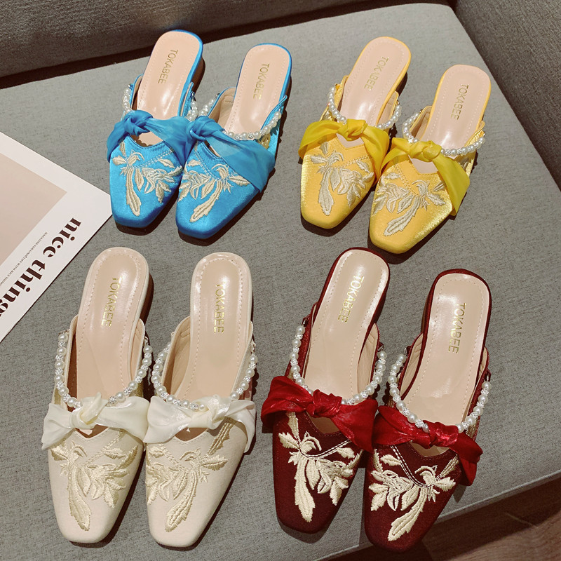 2025年年新款国风刺绣布面低跟包头拖鞋女温柔晚晚珍珠旗袍仙女鞋,淘宝优惠券,粉丝福利购,淘宝优惠卷
