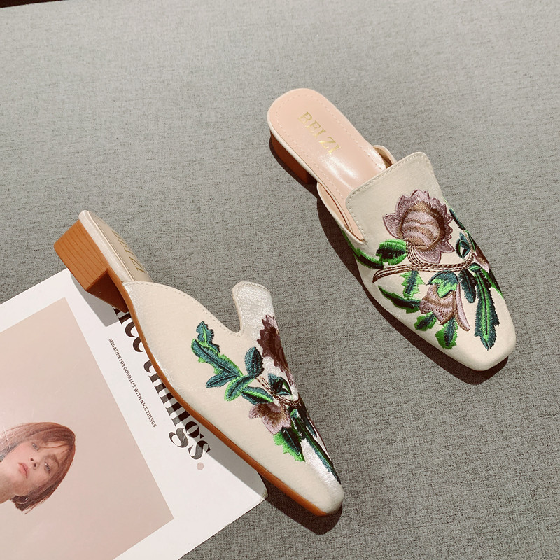 国风刺绣花朵包头软底拖鞋女2025年新款发一脚套低跟方头外穿凉拖,淘宝优惠券,粉丝福利购,淘宝优惠卷