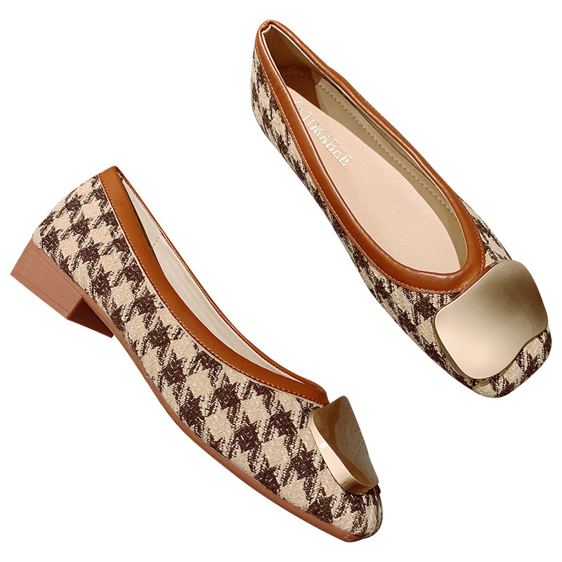 格子布面复古方头低跟工作瓢鞋女2025年新款金属扣一脚套软底单鞋,淘宝优惠券,粉丝福利购,淘宝优惠卷